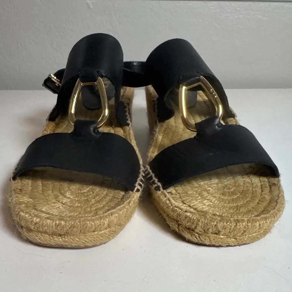 Lauren Ralph Lauren Black Espadrille Wedge Sandals 100% Leather Bena Womens 8